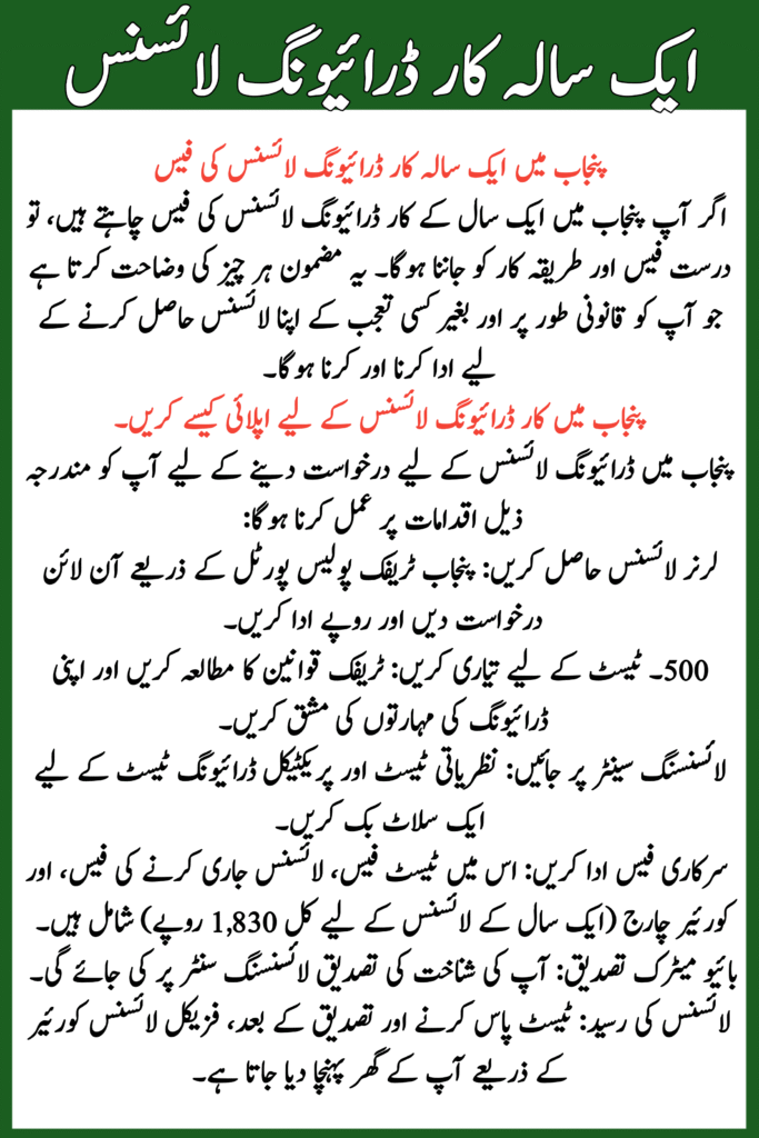 One-Year Car Driving Licence Fee